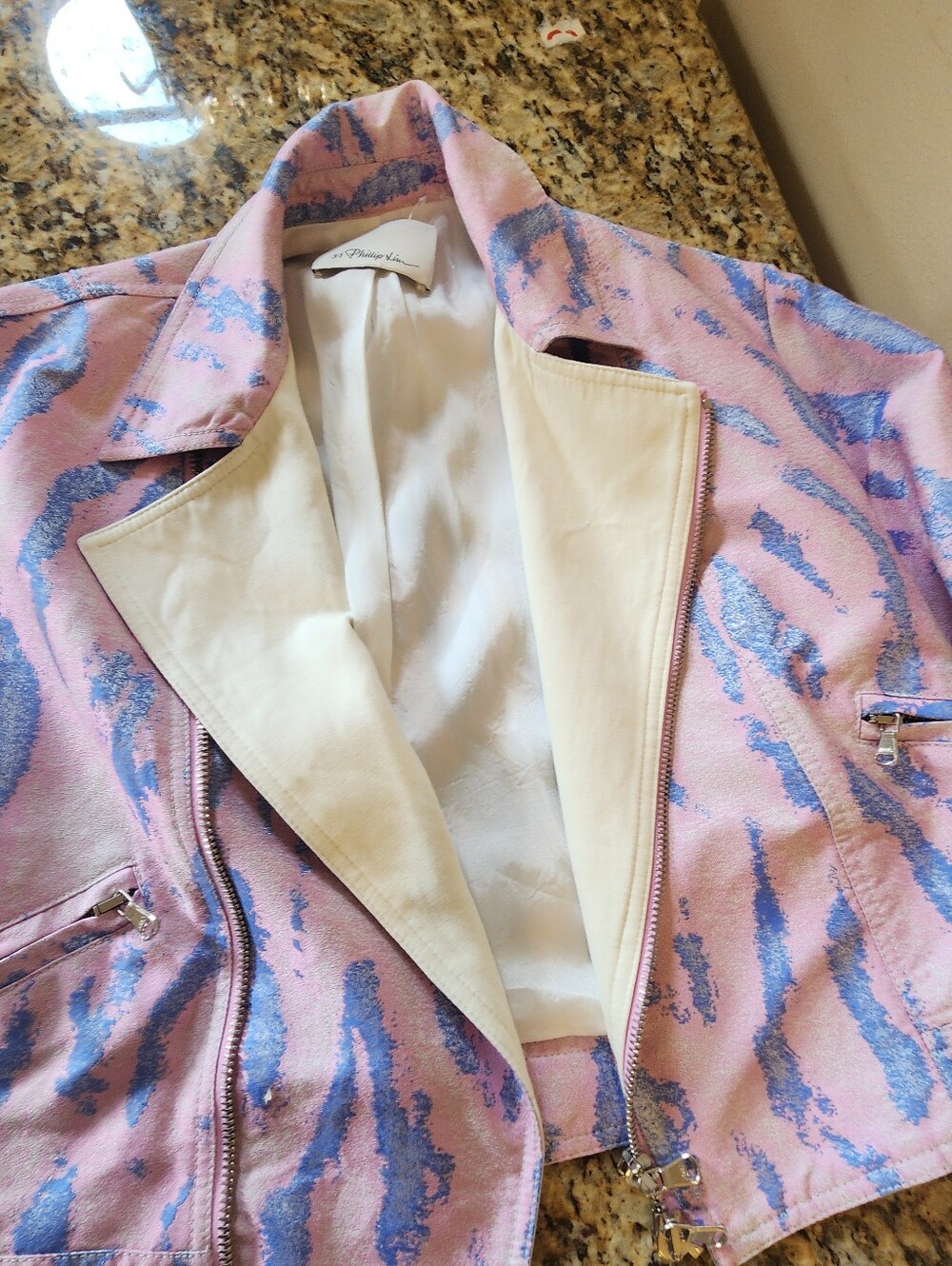 3.1 Phillip Lim Pink and Blue Patterned Leather Jacket with Cream Lapel